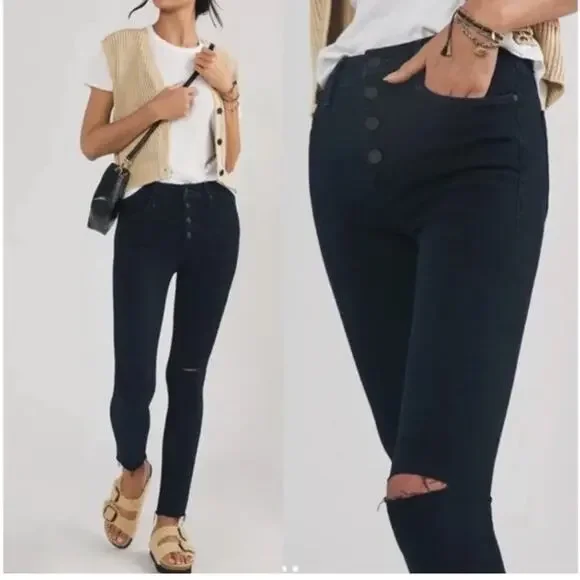 Mother The Pixie Ankle Fray High Waisted Dark Blue Distressed Skinny Jeans 24